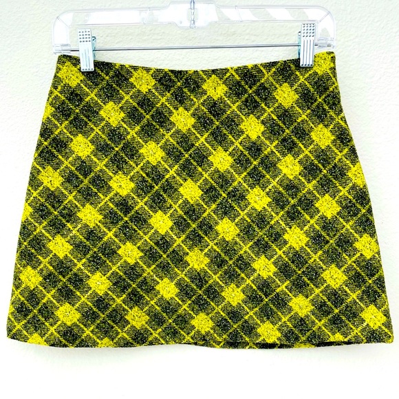 NWOT ZARA plaid mini skirt yellow-green check wool | schoolgirl style Size Small - Picture 1 of 9